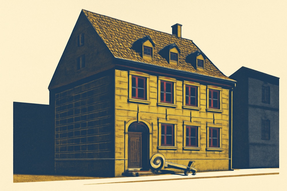 Sandsteinstadthaus in der Nürnberger Altstadt mit Schlüssel auf der Türschwelle, Zwei-Farben-Illustration.