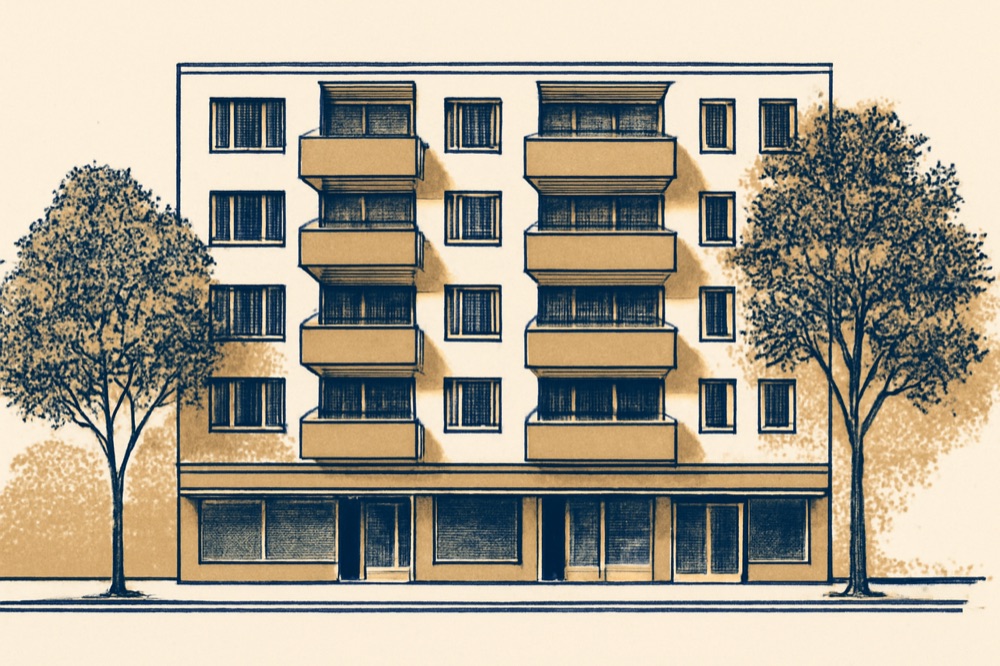 Nachkriegs‑Mehrfamilienhaus in Offenbach mit Balkonen und Straßenbäumen