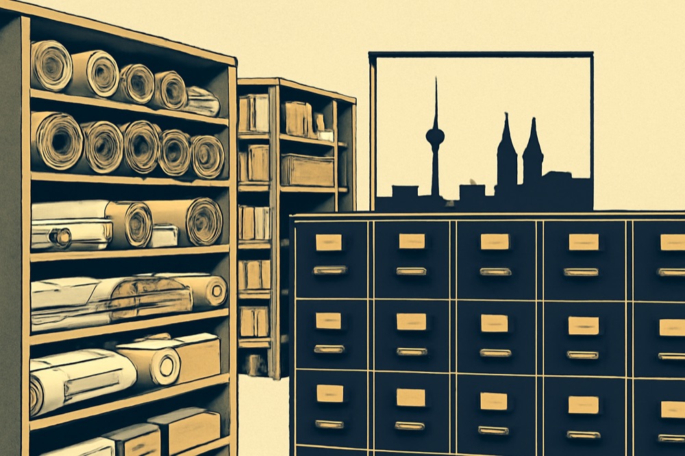 Archivregale mit aufgerollten Architekturplänen und eine Stadtsilhouette (Fernsehturm, Kirchtürme, Konzertsaal)