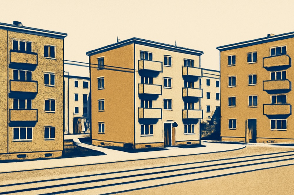 Zweifarbige Illustration einer ostdeutschen Wohnstraße mit Mehrfamilienhäusern und Straßenbahn