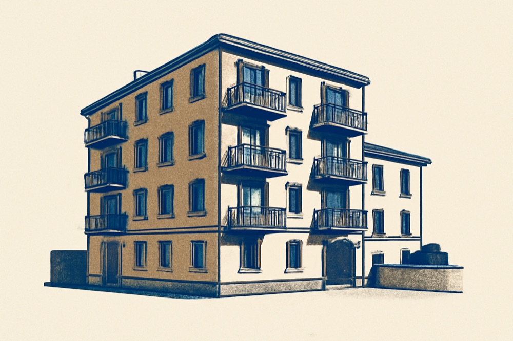 Zweifarbige architektonische Darstellung eines mehrstöckigen Wohnhauses mit Balkonen und Innenhof