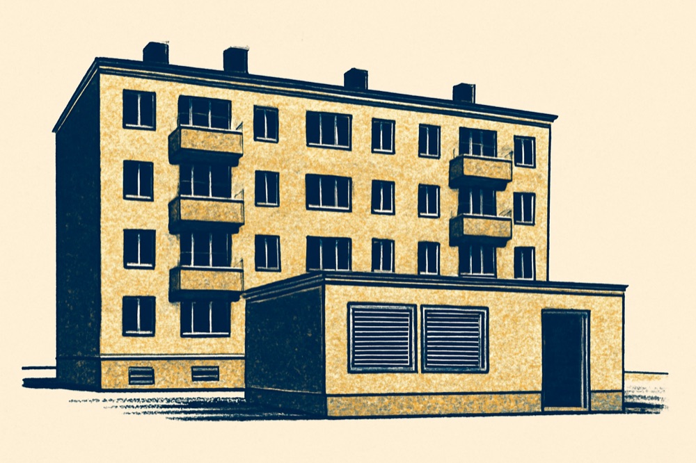 Zweifarbiger Linolschnitt eines deutschen Wohnblocks mit Schornsteinen und Fernwärmeübergabestation.