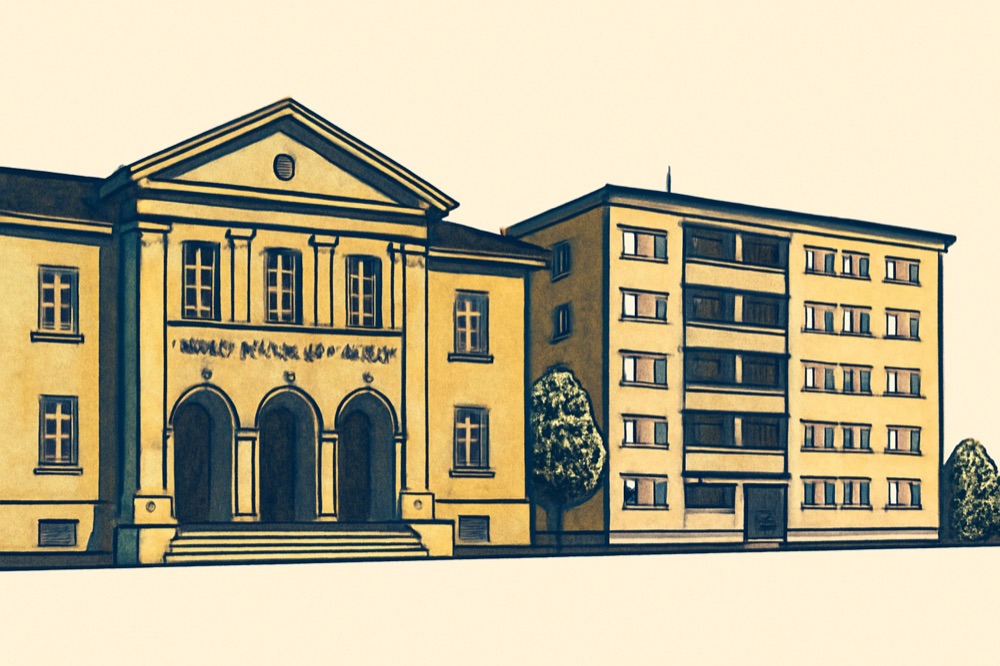 Linienillustration der Fassade eines deutschen Amtsgerichts neben einem mehrgeschossigen Wohngebäude