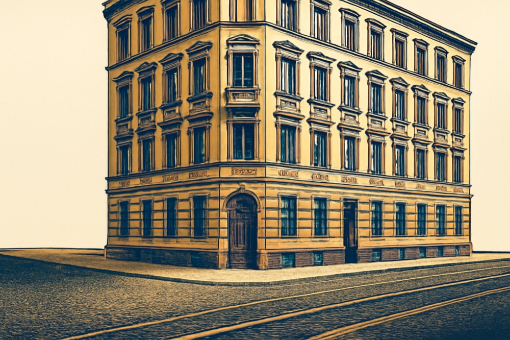 Berlin corner apartment building facade with doorway and street number plaque