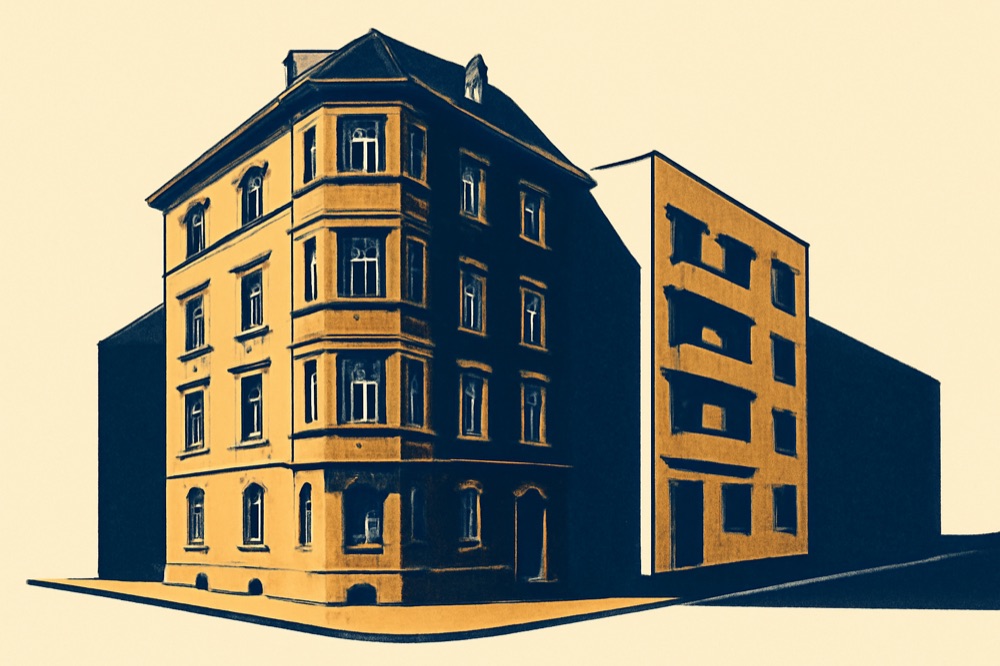 Eckfassade eines Stuttgarter Mietshauses neben einem modernen Neubau