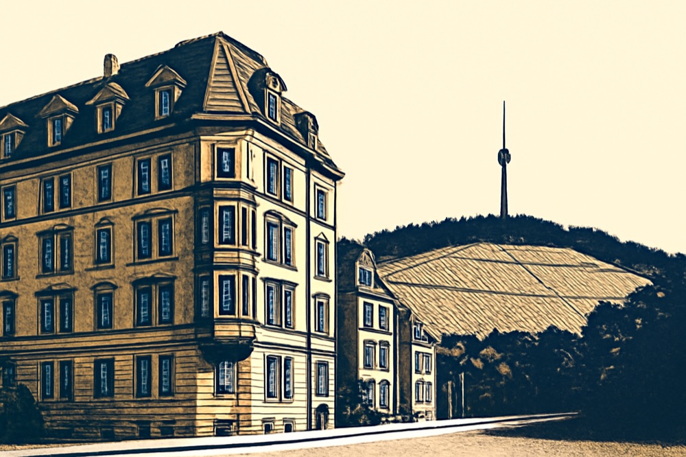 Gründerzeit‑Wohnhaus in Stuttgart‑West mit TV‑Turm‑Silhouette.