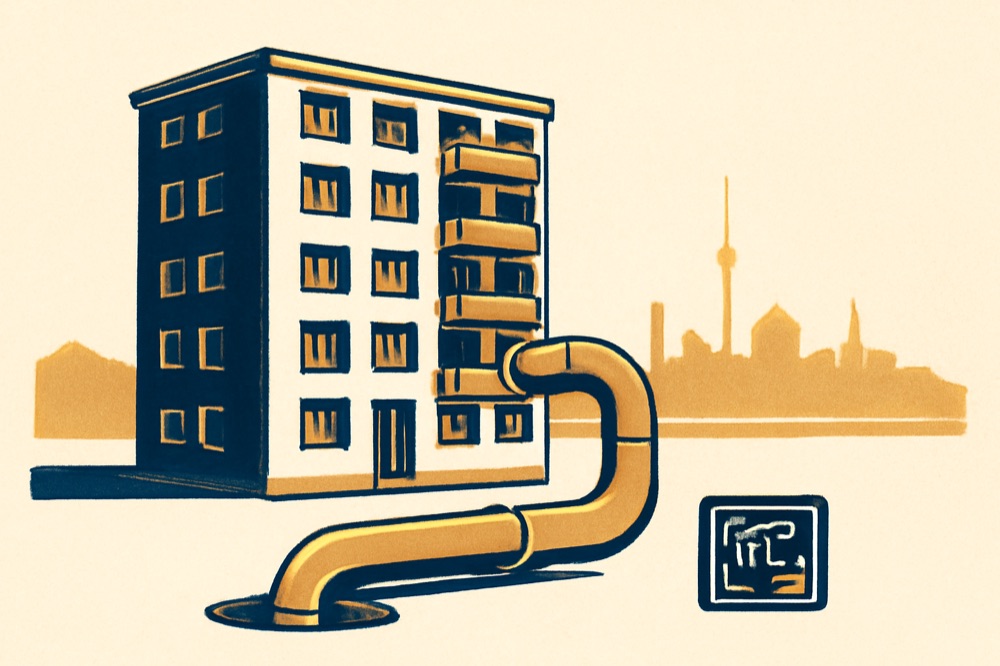 Illustration eines Mehrfamilienhauses mit einer Fernwärmetrasse, die auf Straßenniveau in das Gebäude führt