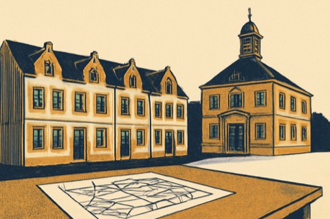 Zweifarbige Architekturillustration: Reihenhäuser, ein Rathaus und ein Flurkartenauszug