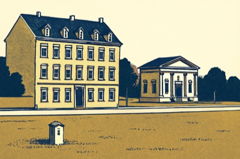 Zweifarbige Illustration von deutschen Stadthäusern und einem Amtsgerichtsgebäude mit einem Flurstückszeichen im Vordergrund