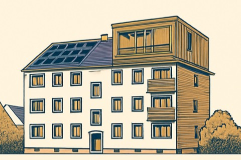 Stuttgarter Wohnblock mit zweigeschossiger Dachaufstockung und PV‑Modulen