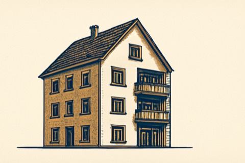 Zweifarbige Architekturillustration eines dreigeschossigen Wohngebäudes mit Betonung von Dach- und Fassadendetails