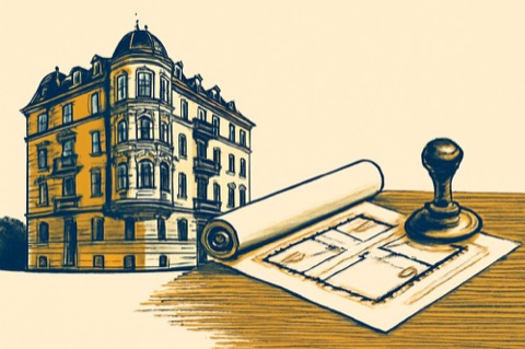 Münchner Mietshaus und gerollter Aufteilungsplan mit Stempel