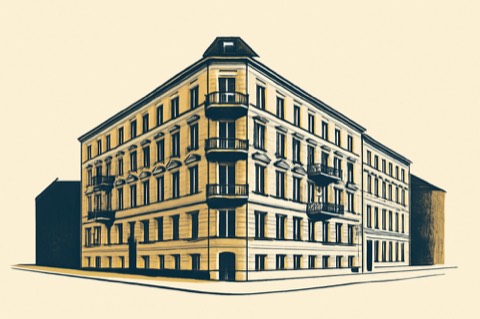 Berliner Altbau-Eckhaus, zweifarbige Illustration