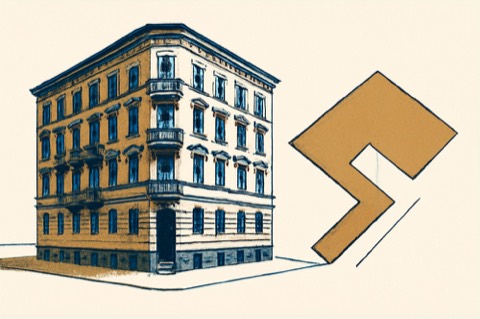Eckwohnhaus mit Grundstücksumriss zur Darstellung Boden vs. Gebäude