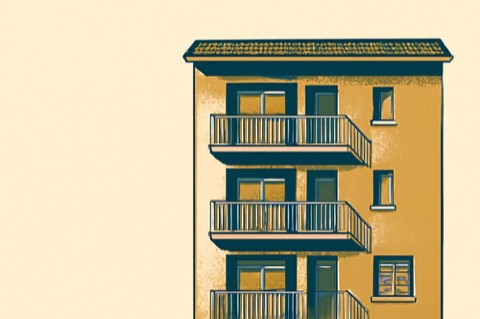 Illustration: dreigeschossige Wohnhausfassade mit Balkonen und Briefkästen am Eingang, türkis und dunkelgrau