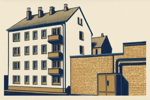 Berliner Mietshaus mit Dachschornsteinen und einem Fernwärme‑Hausanschlusskasten