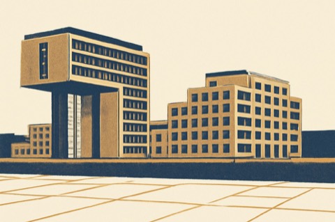Rheinfront-Stadtblöcke mit Parzellengitter, Anklang an Köln und Düsseldorf