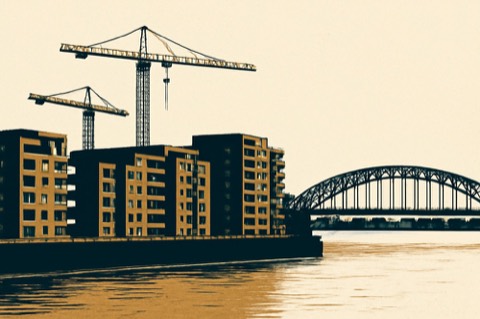 Rheinfront-Wohngebäude und Kräne am Deutzer Hafen in Köln