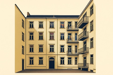 Berliner Altbau‑Innenhof mit Balkonen und Treppenhauszugang