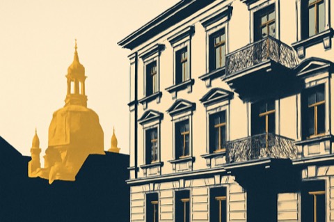 Altbau-Fassaden in Dresden mit einer dunklen, geschlossenen Wohnung als Symbol f fcr Leerstandskontrollen.
