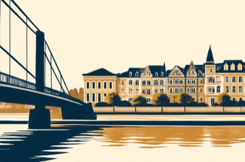 Rheinufer‑Fassaden in Düsseldorf‑Oberkassel von der Brücke gesehen