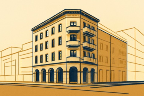 Berliner Eckwohnhaus mit Balkonen und Stra dfenraster