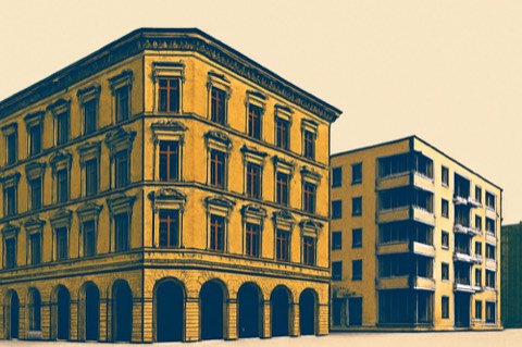 Berliner Altbaufassade mit modernem Neubau dahinter