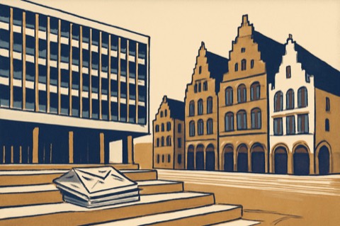 Rathaus Essen und Münsteraner Giebelhäuser mit Briefumschlägen auf Stufen