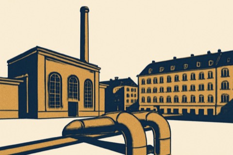 Fernwärmeleitungen und Heizkraftwerk in einem Münchner Stadtblock