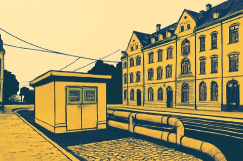 Stadtblock mit Fernwärme-Unterstation und Leitungen