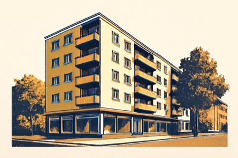 Frankfurter Mietshaus mit Balkonen an einer baumbestandenen Straße