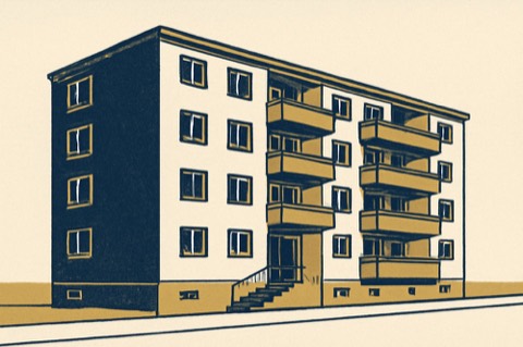Zweifarbige Ansicht eines deutschen Mehrfamilienhauses mit Eingangsrampe und Balkonen