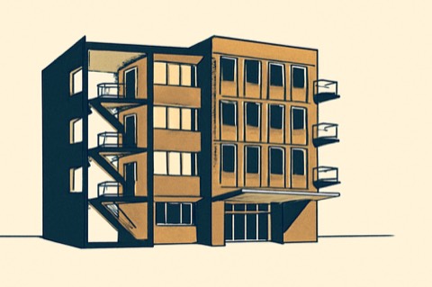 Axonometrischer Schnitt eines zu Wohnungen umgebauten Bürohauses aus den 1960er‑Jahren