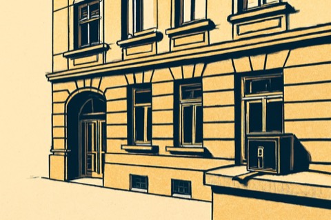 Deutsche Altbaufassade mit Schließkassette und Schlüsseln als Symbol für Kautionssicherheit