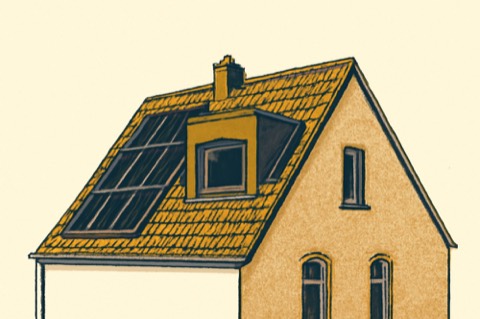 Kölner Reihenhausdach mit Gaube und PV‑Modulen