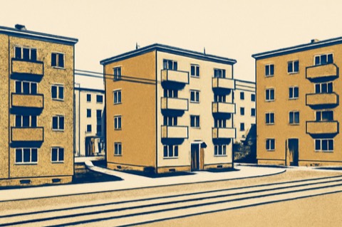Zweifarbige Illustration einer ostdeutschen Wohnstraße mit Mehrfamilienhäusern und Straßenbahn