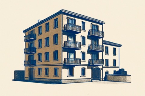 Zweifarbige architektonische Darstellung eines mehrstöckigen Wohnhauses mit Balkonen und Innenhof