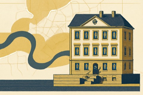 Zweifarbige Illustration eines Flussufer‑Stadthauses mit sichtbarem Keller und überlagerter Hochwasserkarte