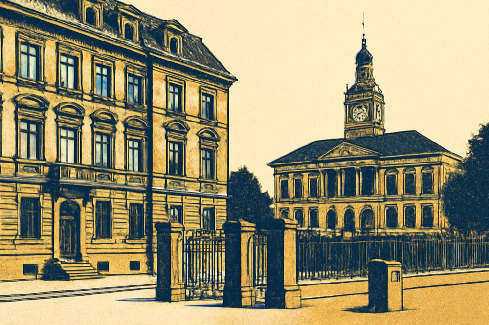 Zweifarbige Illustration: Reihenaltbauten vor einem Rathaus mit einem Eingangszaun.