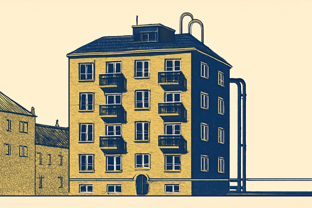Illustration eines Wohnhauses mit Technikraum auf dem Dach und Fernwärme‑Zuleitungen