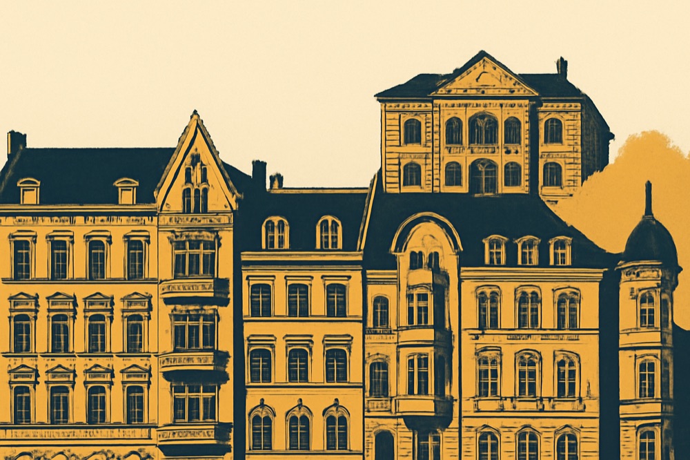 Gründerzeit‑Wohnhäuser mit einem Amtsgerichtsgebäude im Hintergrund, zweifarbige Architekturillustration.