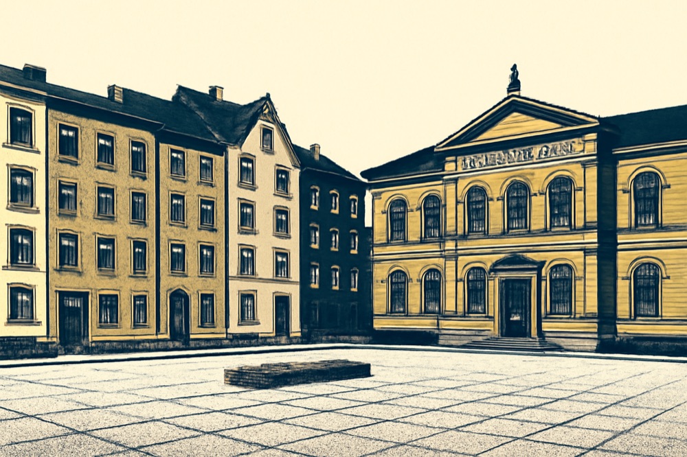 Zweifarbige Architekturillustration von Wohnh e4usern mit einem Amtsgerichtsgeb e4ude im Hintergrund